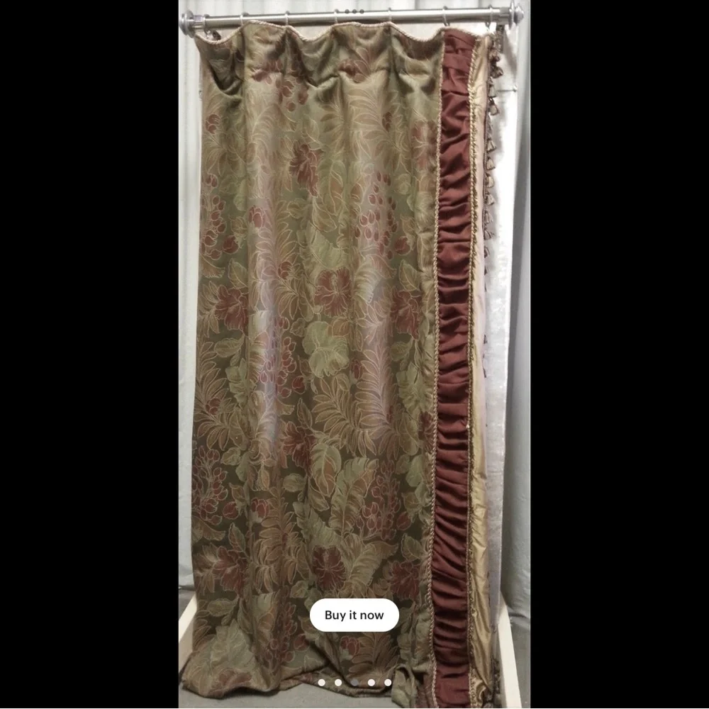 Curtain panel with red and gold silk fabric at edge with trims. Custom made. New